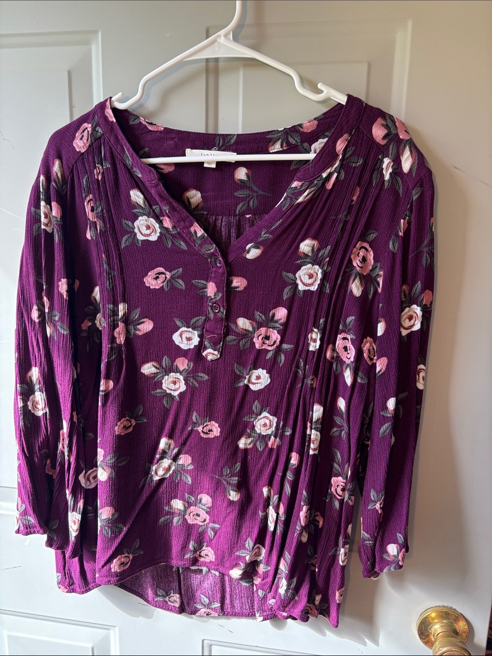 fun 2 fun Plum Floral Pintuck Henley Long Sleeve Top